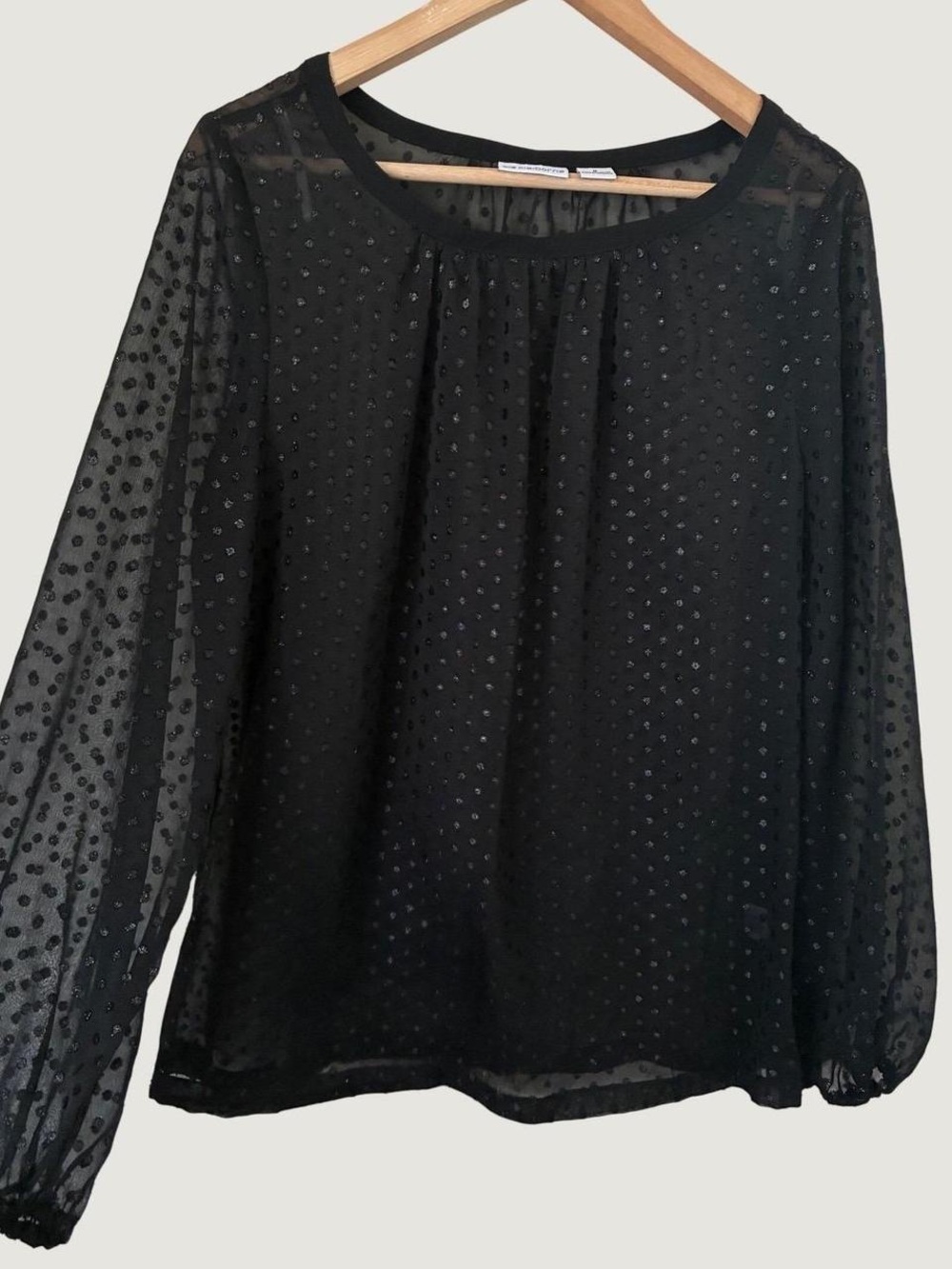Liz Claiborne Sheer Black Glitter Dot Long-Sleeve Blouse with tank underneath